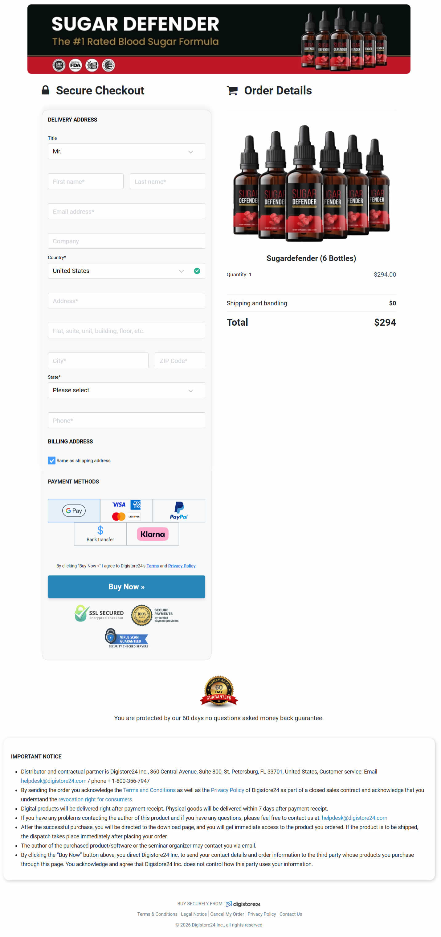 Sugar Defender Order Checkout Page